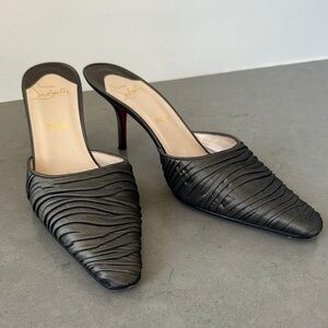 Christian Louboutin Steel Gray Ruched Silk Mule Heels 38 / 8